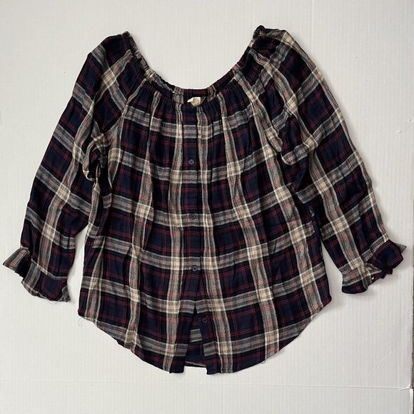 Elan Long Sleeve Scoop Neck Plaid Blouse - Size Large - Picture 1 of 8